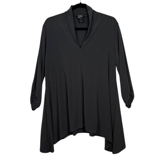 Clara Sun Woo Dark Gray Asymmetric Tunic Top Ruched Sleeve V-Neck Size Medium - Picture 2 of 11